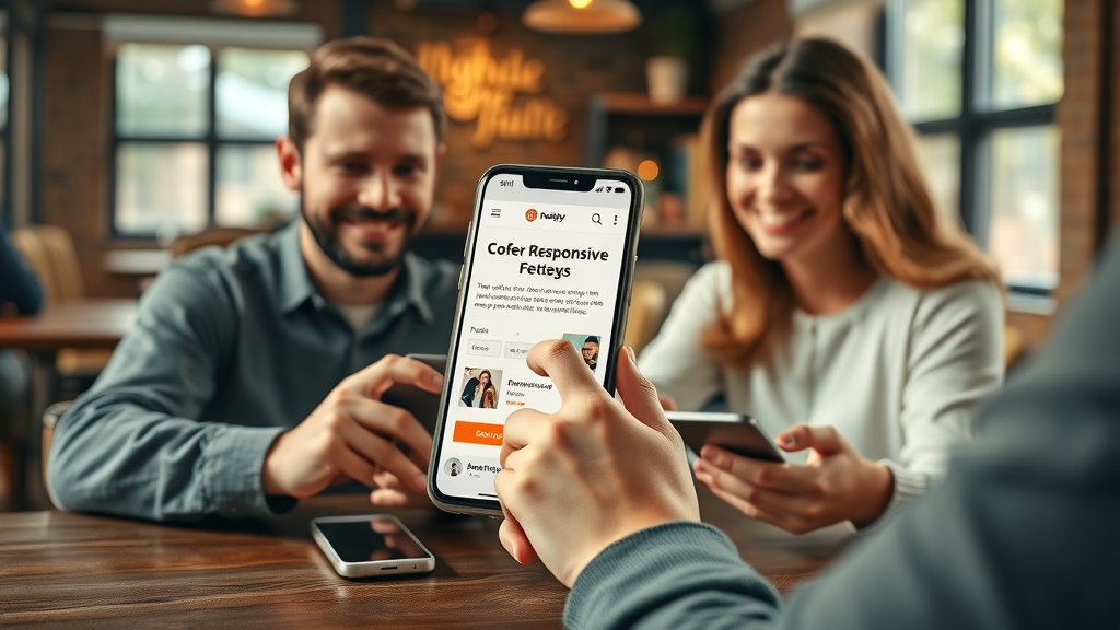 Sleek mobile phones displaying responsive landing pages, users engaged and scrolling in coffee shop setting