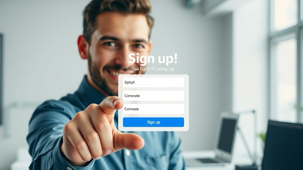 Engaging SaaS sign-up landing page mockup, modern trustworthy user about to submit form