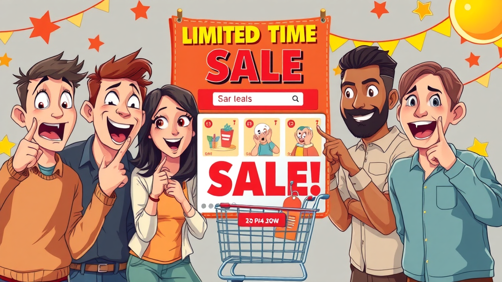 Exciting eCommerce landing page for a flash sale, diverse group pointing at deals on a festive online shop interface