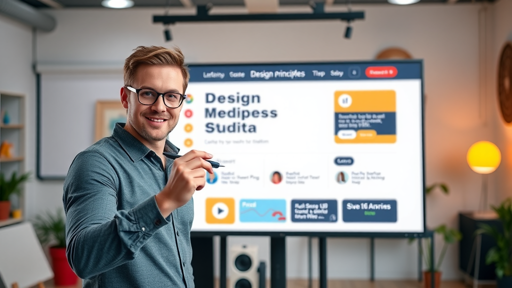 Confident designer demonstrating conversion-centered design principles on large digital UI screen