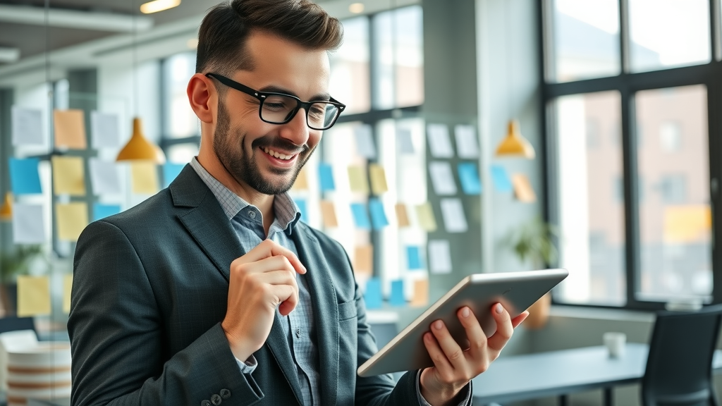 Organized digital checklist for landing page creation, professional reviewing completed steps on a tablet