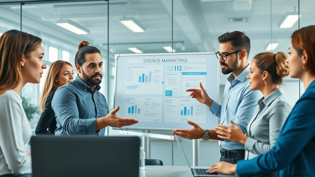professional marketing team collaborating on how to build a digital marketing plan, strategizing together in a glass-walled modern office with digital whiteboards and laptops