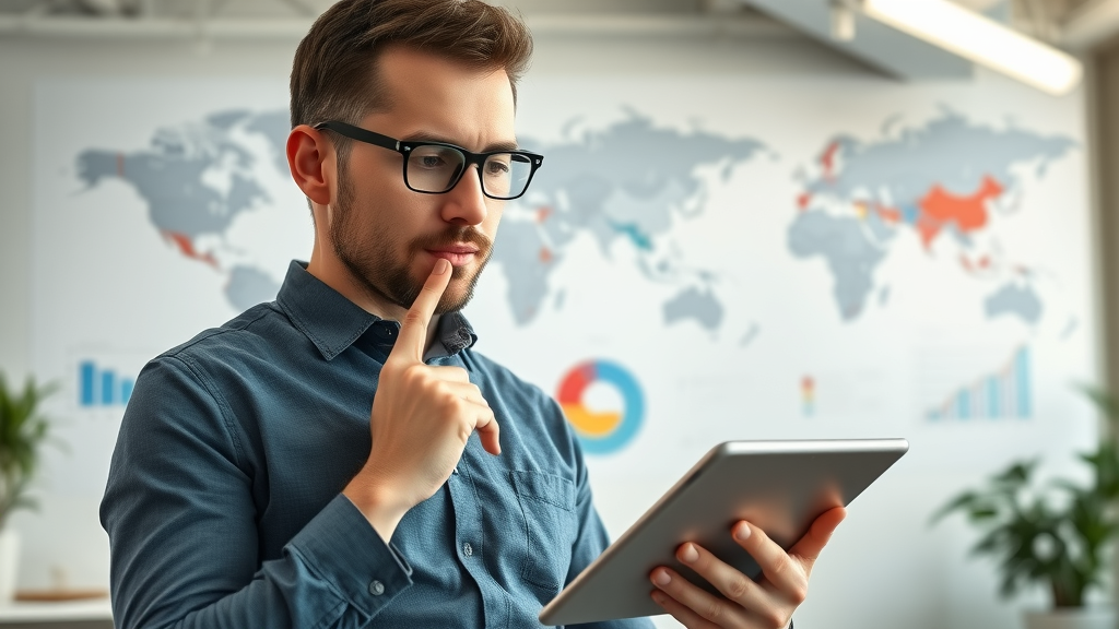 confident analyst reviewing customer data to define target audience for how to build a digital marketing plan, examining data on a tablet in an open-plan office with demographic charts