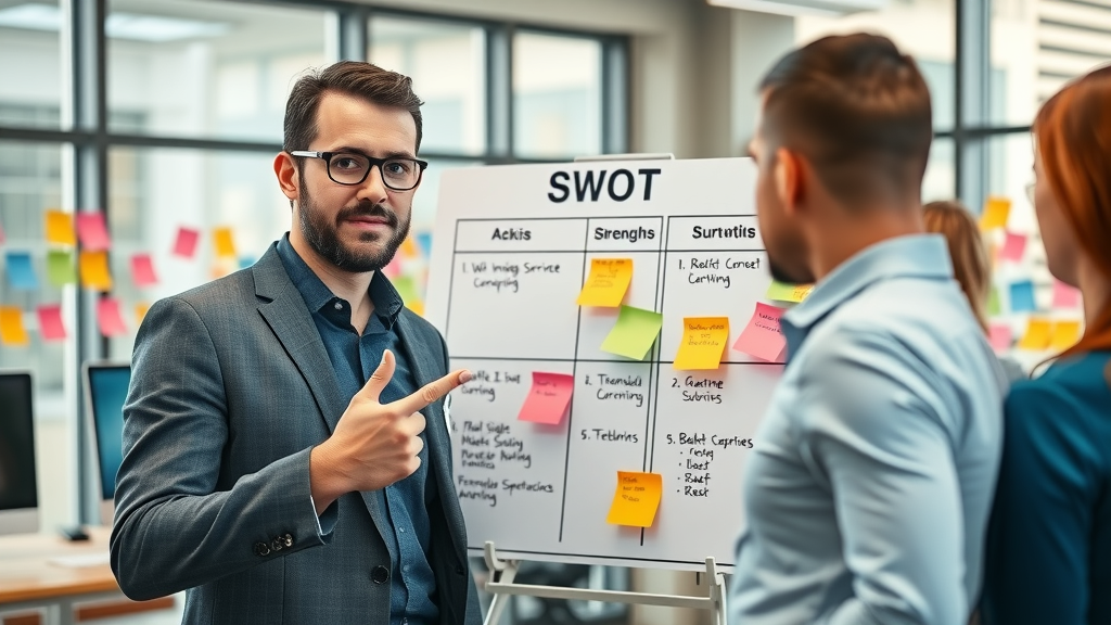 team leader conducting SWOT analysis for a digital marketing plan in a modern workspace with colorful sticky notes and digital screens