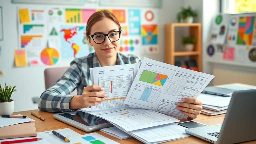 organized desk with marketing plan documents showing the structure of a digital marketing plan template, arranging colorful plan sheets and digital tablets