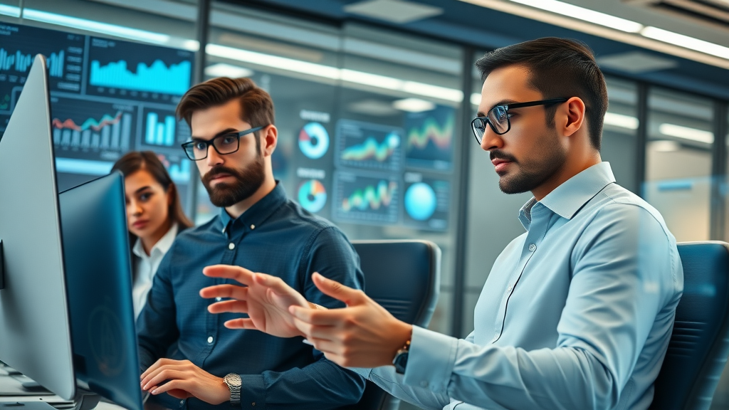 professional marketing team analyzing digital marketing performance with dashboards and data charts