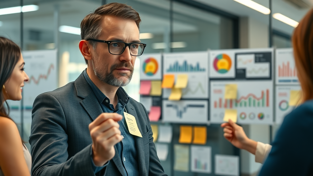 strategic marketing manager mapping out digital marketing campaign goals and KPIs on dashboards and sticky notes