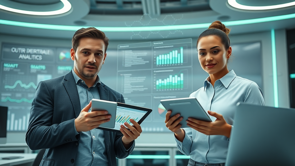 marketers comparing digital marketing analytics tools and platforms in a futuristic digital workspace