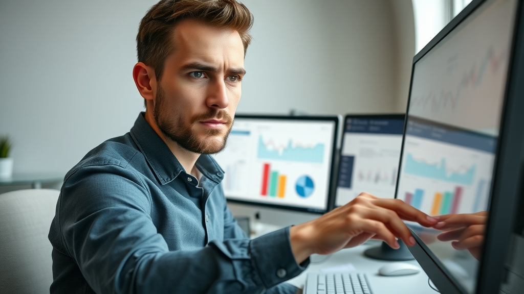 digital marketer setting up and monitoring campaign performance on multiple screens