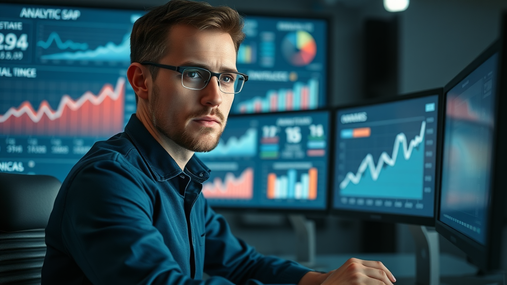 data analyst calculating conversion rates and bounce rates on an interactive digital dashboard