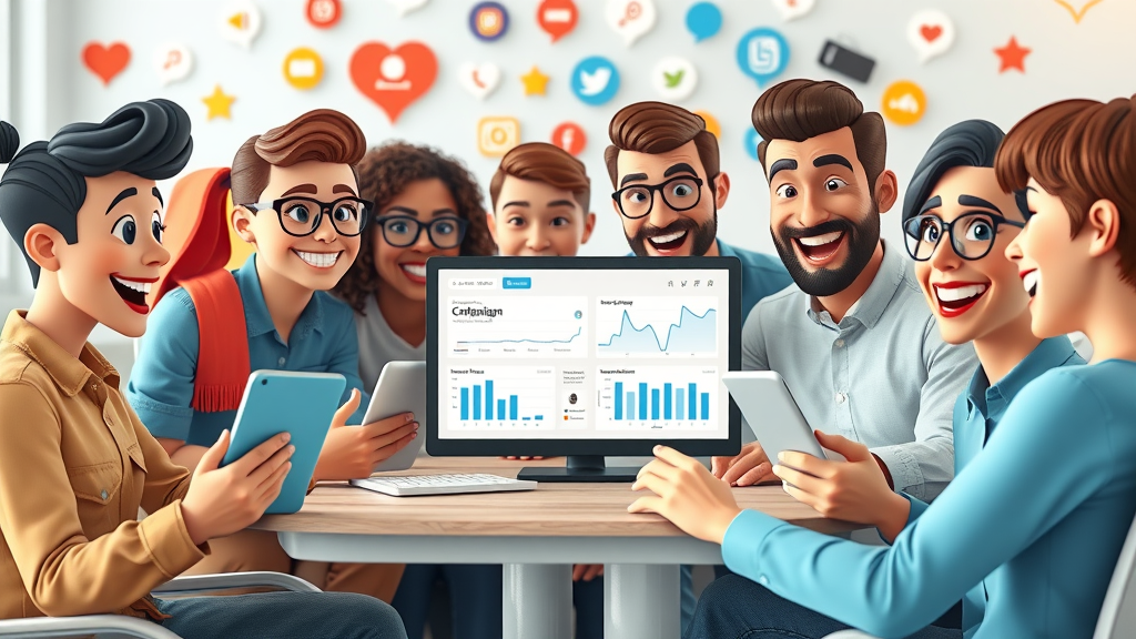 social media marketing team collaborating on campaign analytics and engagement KPIs