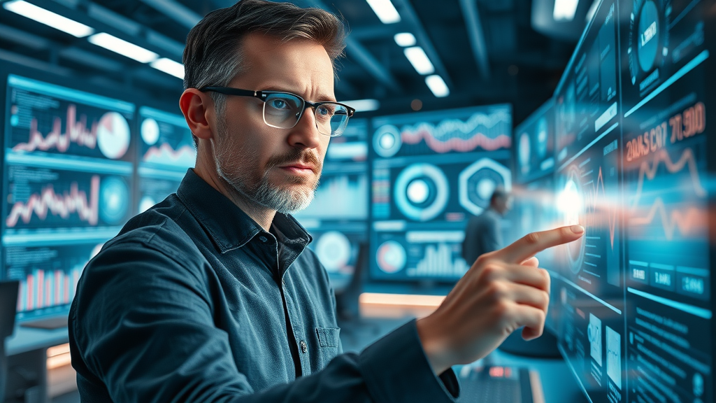 visionary marketing technologist interacting with AI-driven data dashboards showcasing next-gen digital marketing metrics