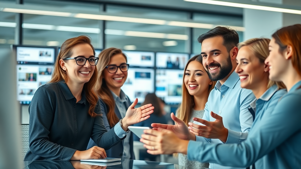 vibrant professional social media team collaborating for higher engagement on social media