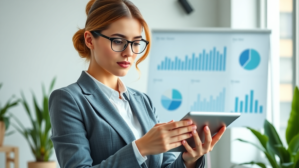 businesswoman reviewing digital analytics dashboard to measure engagement on social media