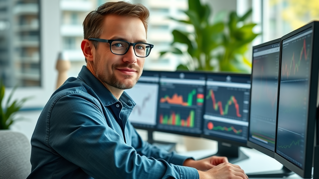 modern digital marketer at desk analyzing marketing data; best digital marketing tips for beginners | highly detailed, real-time chart movement, confident expression