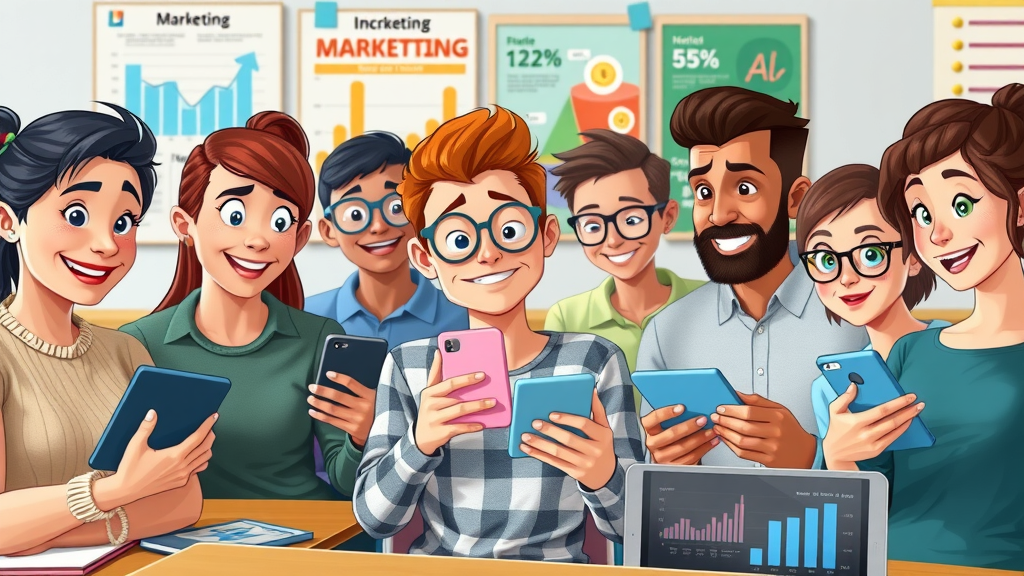 diverse group of beginners exploring digital marketing concepts; digital market and online marketing terms, educational setting