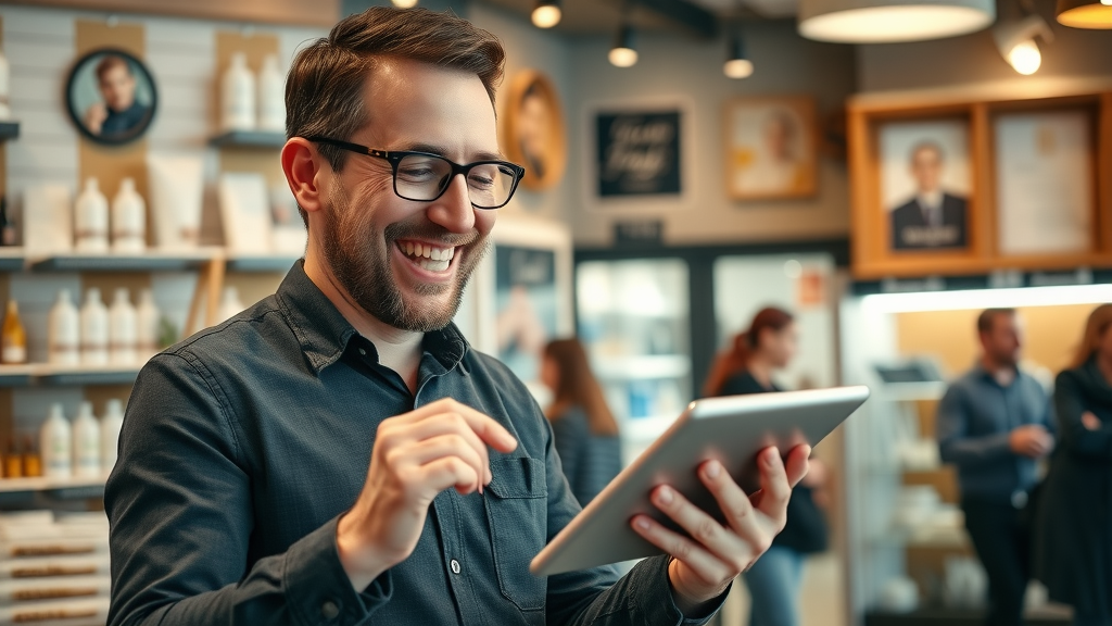 successful small business owner monitoring digital marketing campaign results; content marketing and social media marketing outcomes