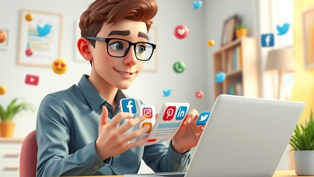 young marketer comparing social media platform icons; social media marketing, campaign analytics