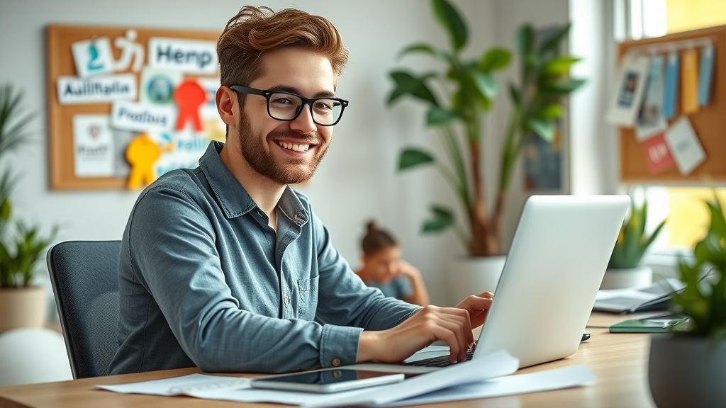 Small business owner reviewing social media analytics in a vibrant office, social media strategies for small businesses