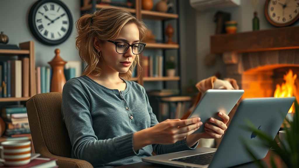 Determined small business owner multitasking social media marketing in cozy office