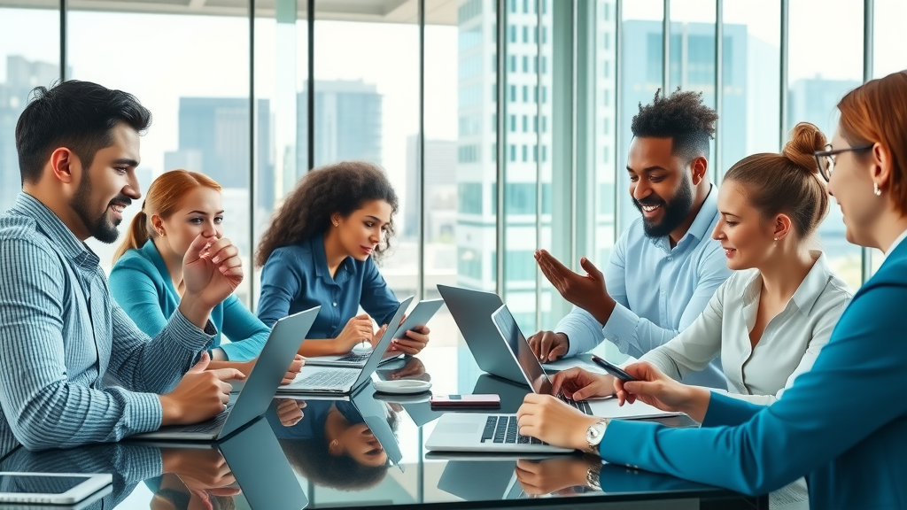 Diverse business team collaborating on how to generate leads without cold calling in a modern office setting.