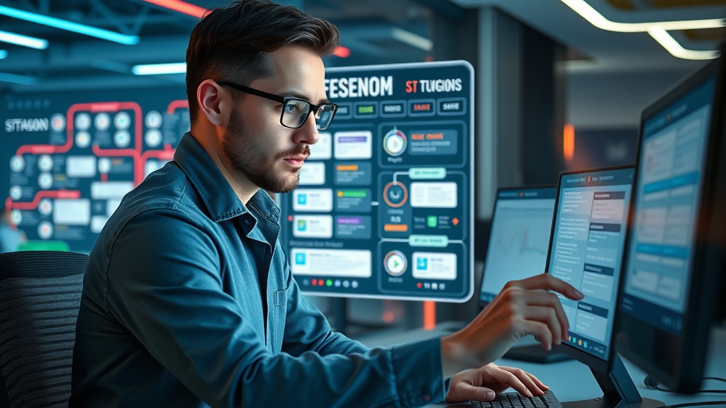 Marketer automating email marketing and lead gen drip campaigns, with digital panels illustrating strategy.