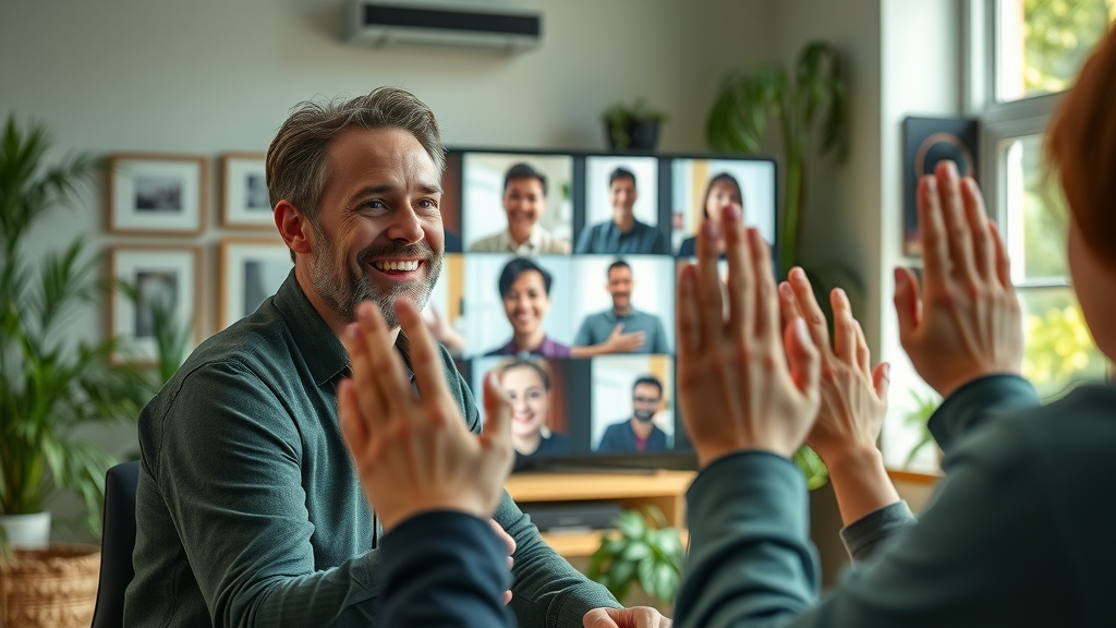 Engaged host leading an interactive webinar for lead generation without cold calling, fostering online community.