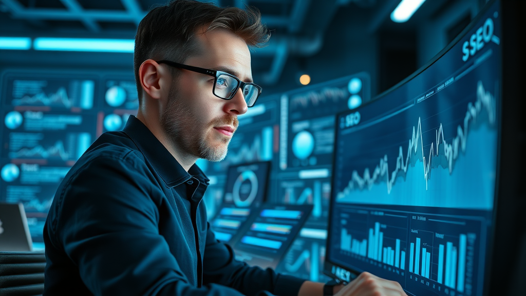 SEO strategist analyzing data to optimize blogging for lead generation without cold calling.