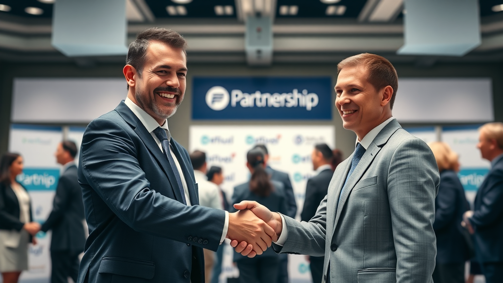 Business leaders forming co-marketing partnerships for lead generation without cold calling.