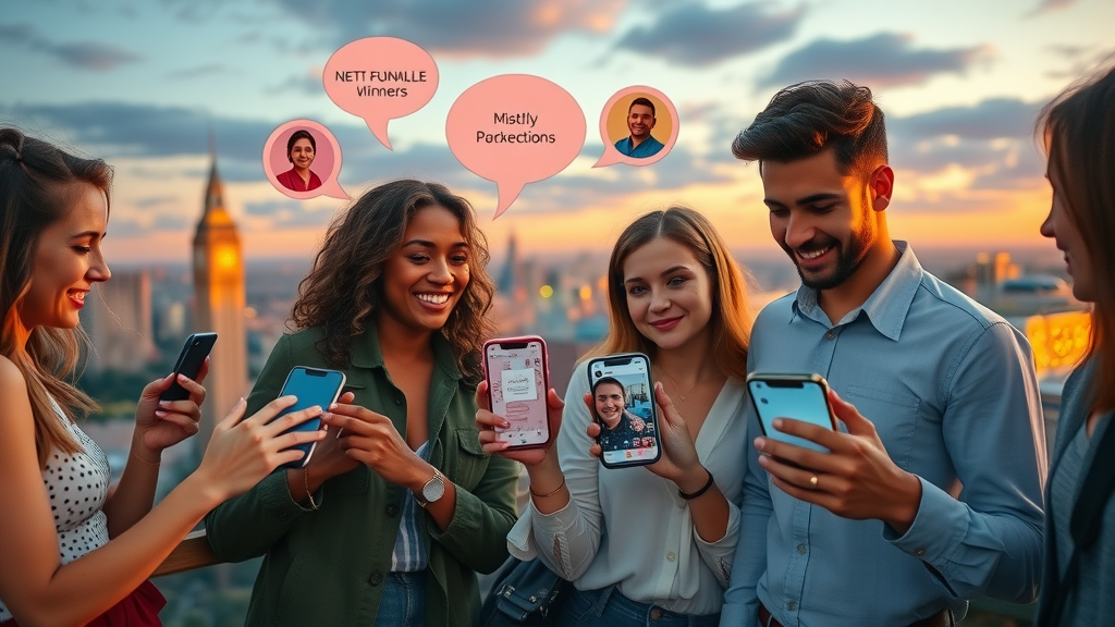 enthusiastic young marketers interacting with mobile phones displaying branded social feeds, social media marketing, rooftop city skyline