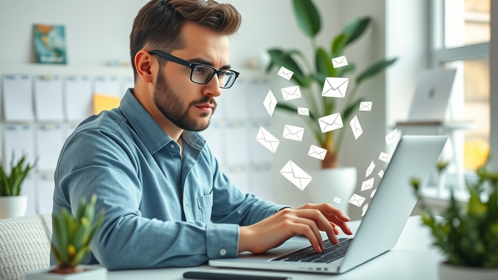 detail-oriented marketer setting up personalized email automation, email marketing, bright workspace