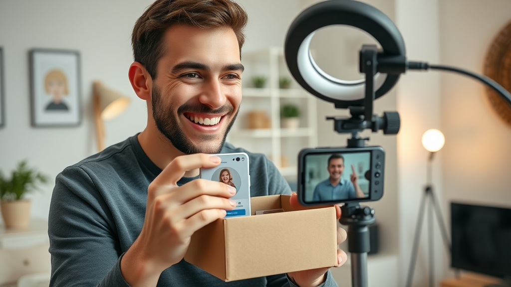enthusiastic micro-influencer unboxing startup product for review, influencer marketing, bright home studio