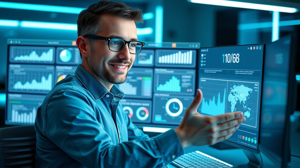 creative marketer comparing several digital marketing tool dashboards, free digital marketing tools, neon-lit workspace