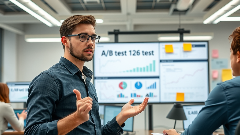 analytical young professional presenting A/B test results on large digital dashboard, marketing campaigns, open-plan office