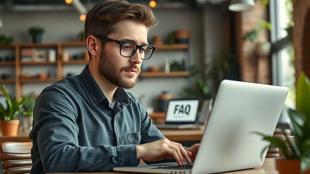 curious startup founder searching for FAQ answers on laptop in trendy café, digital marketing FAQs, industrial chic café