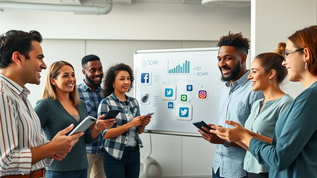 vibrant diverse team of marketers discussing engagement tactics on social media in a modern office, social media icons visible on screens, natural collaboration, photorealistic