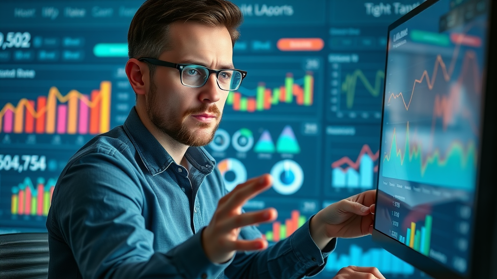 focused marketing professional reviewing social media engagement metrics and performance graphs, colorful charts illustrate campaign results