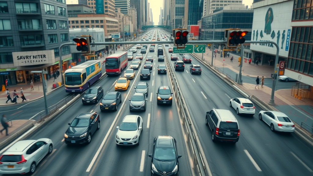 Real-time traffic monitoring in a modern urban cityscape during rush hour, with visible flowing multilane traffic patterns and active traffic signals.