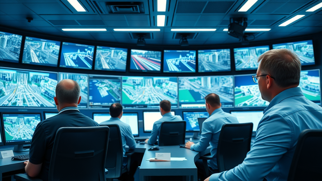 Operators analyzing live traffic feeds in a modern traffic monitoring control room with digital monitors displaying city maps and real-time data.