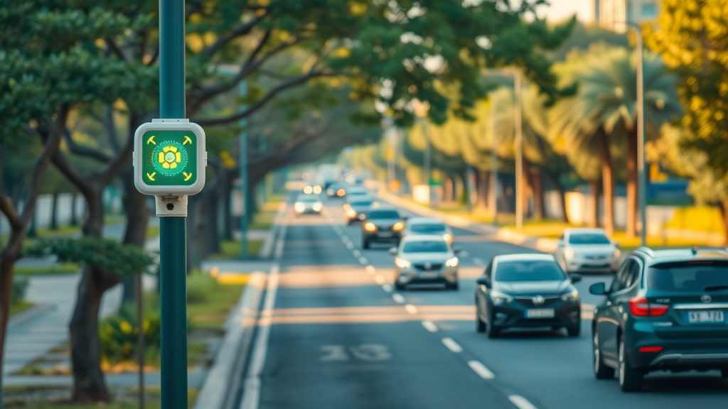 Smart city with AI-driven sensors in streetlights monitoring real-time traffic flow and environmental conditions on a clean, green urban avenue.
