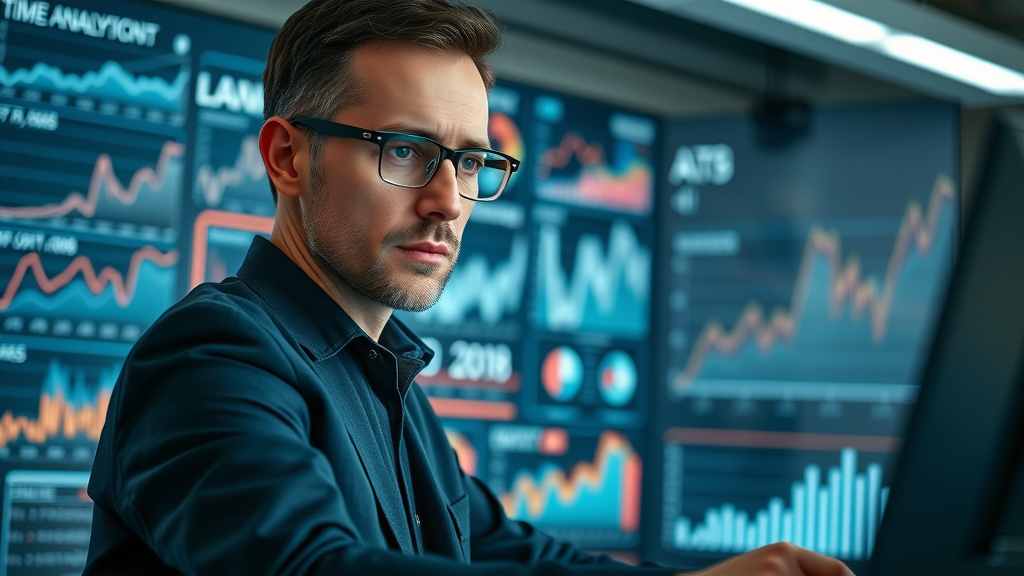 Advanced AI dashboard displaying real-time traffic analytics, operator analyzing dynamic data charts in a modern monitoring center environment.