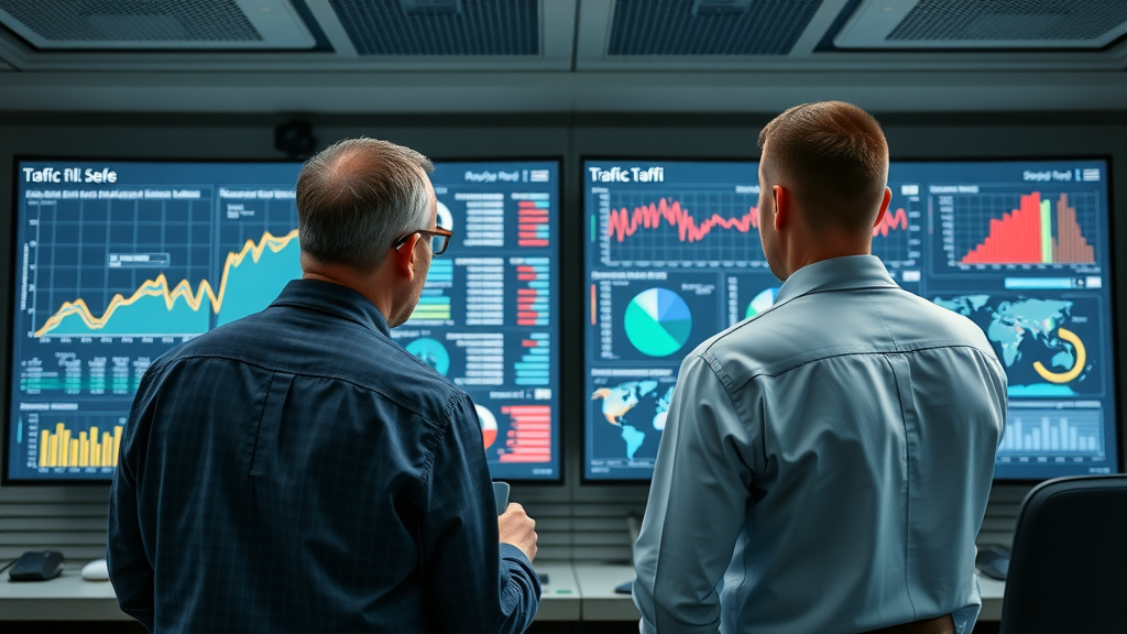 Comparison of digital dashboards showing historical traffic data and real-time traffic flows, with analysts reviewing the information in a modern monitoring center.