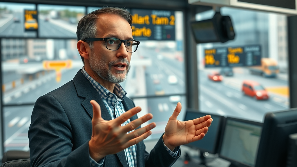 City planner discussing real-time traffic monitoring benefits in a modern control center with visible city traffic in the background.