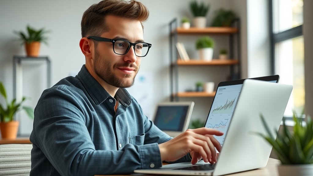 Professional small business owner reviewing website performance charts for Google Analytics setup for small businesses in a modern office workspace
