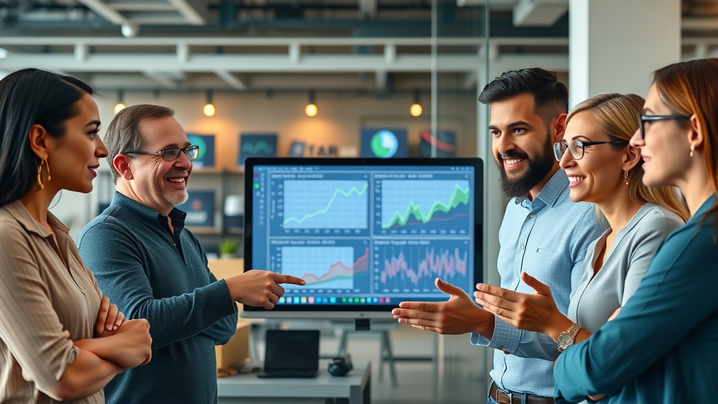 Diverse team of small business owners collaborating on Google Analytics setup for small businesses in a collaborative modern office