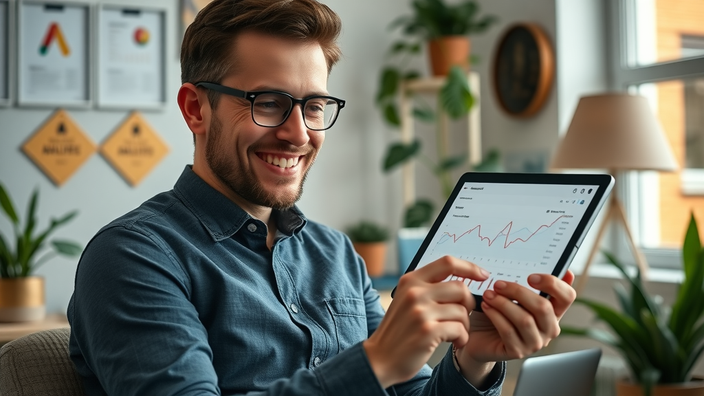 Small business owner viewing Google Analytics real-time report traffic on tablet