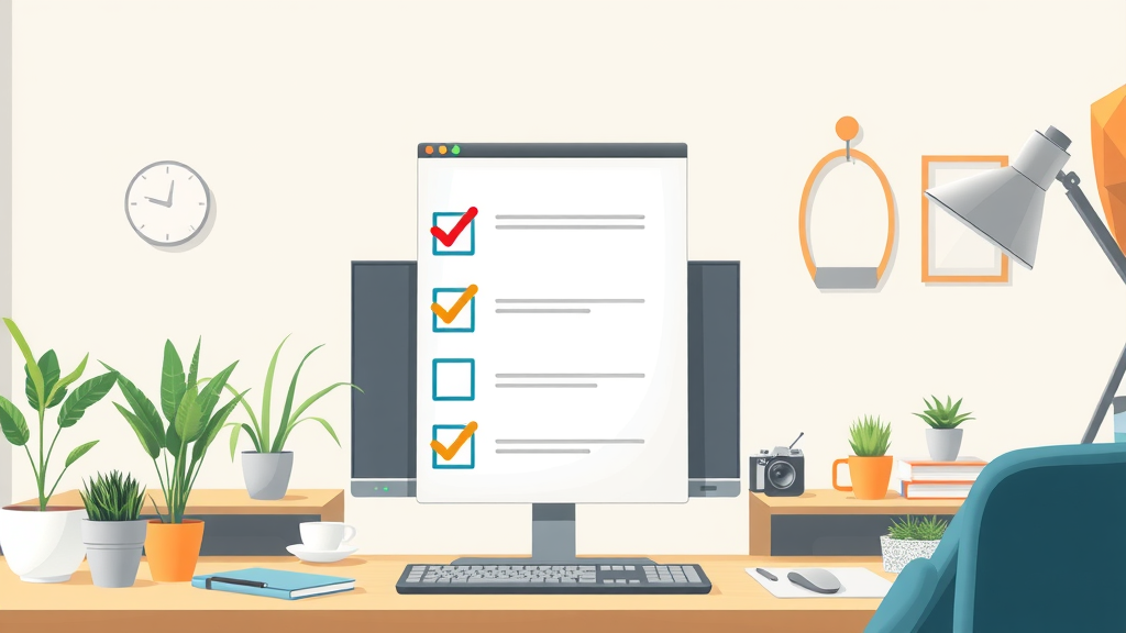 Checklist of Google Analytics setup for small businesses in an illustrated office setting