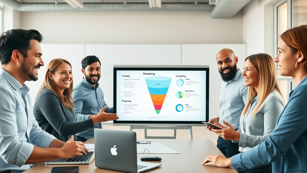 Energetic marketing professionals collaborating over a digital marketing funnel strategy in a modern office, with funnel diagrams on laptops, demonstrating how to build a marketing funnel