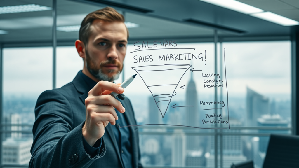 Marketer sketching sales versus marketing funnel on a transparent board, illustrating foundational elements of how to build a marketing funnel