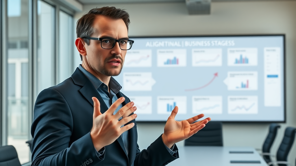 Marketing manager presenting a digital alignment chart between business goals and funnel stages, demonstrating marketing funnel strategies alignment